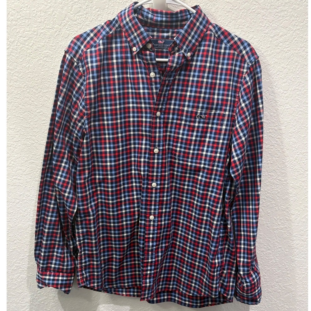 Vineyard Vines Mens Small Red Navy Blue Plaid Stretch Cotton Button Down‎ Shirt